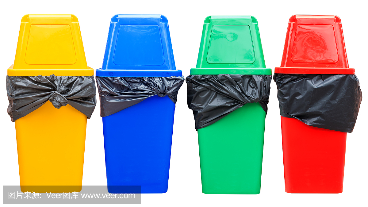 黃色,藍(lán)色,綠色和紅色的回收站在白色。